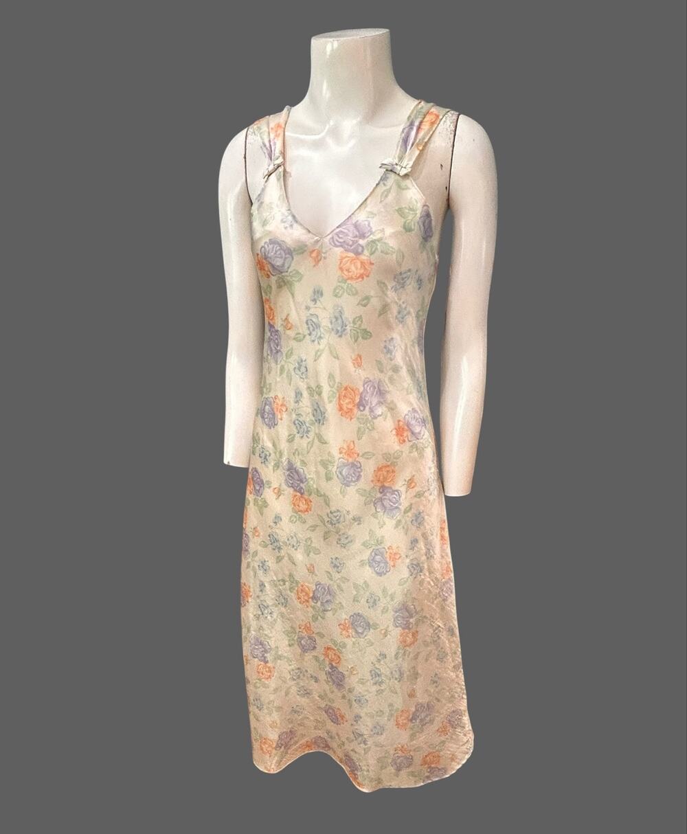 Vintage Floral Satin Slip Dress XS Bias Cut Bias Cut Purple Roses Bow Straps -